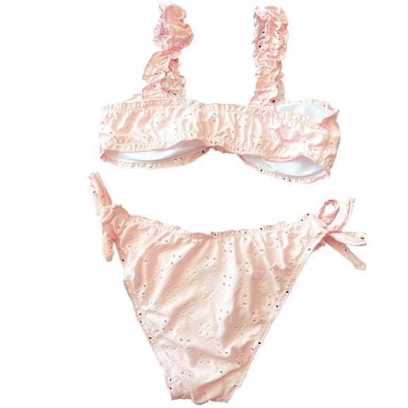 Pink Lacey Textured Fabric Frilled 2 Pc Bikini, Bowknot High Stretch Swimsuits - Picture 8 of 8